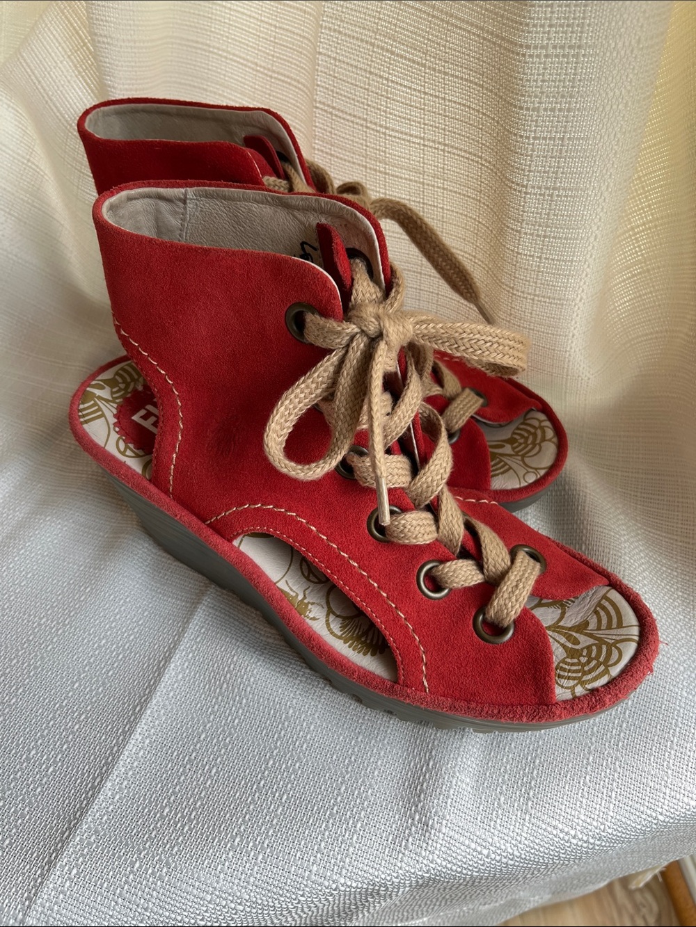 Fly London Red Suede Lace-Up Wedge Sandals with Beige Laces